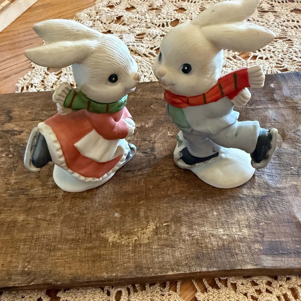 Homco Whimsical Skating White Bunny Figurines Pair with Red and Green Accents -